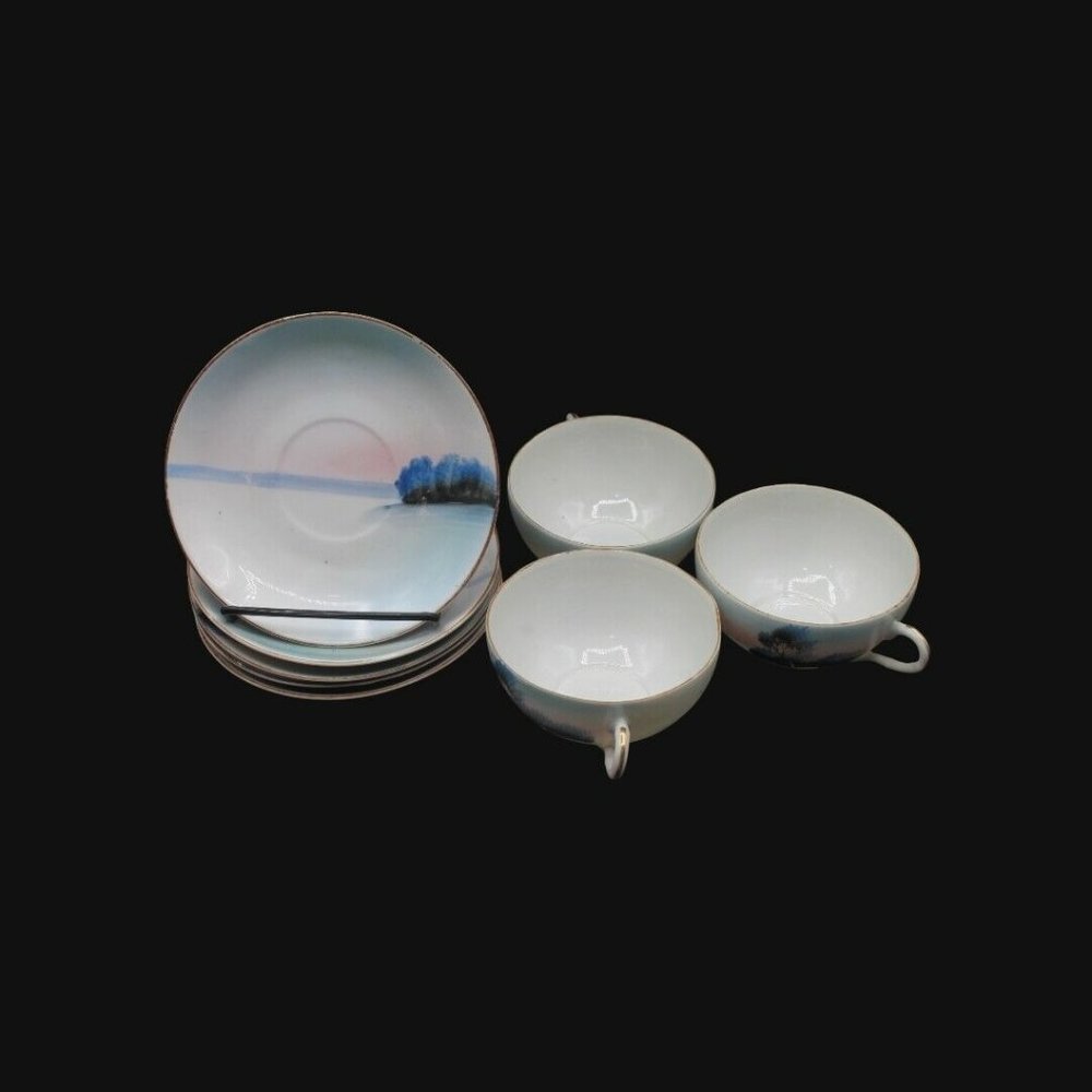Takito TT Japan Hand Painted 5  China Saucers & 3 Tea Cups 8 Piece Set